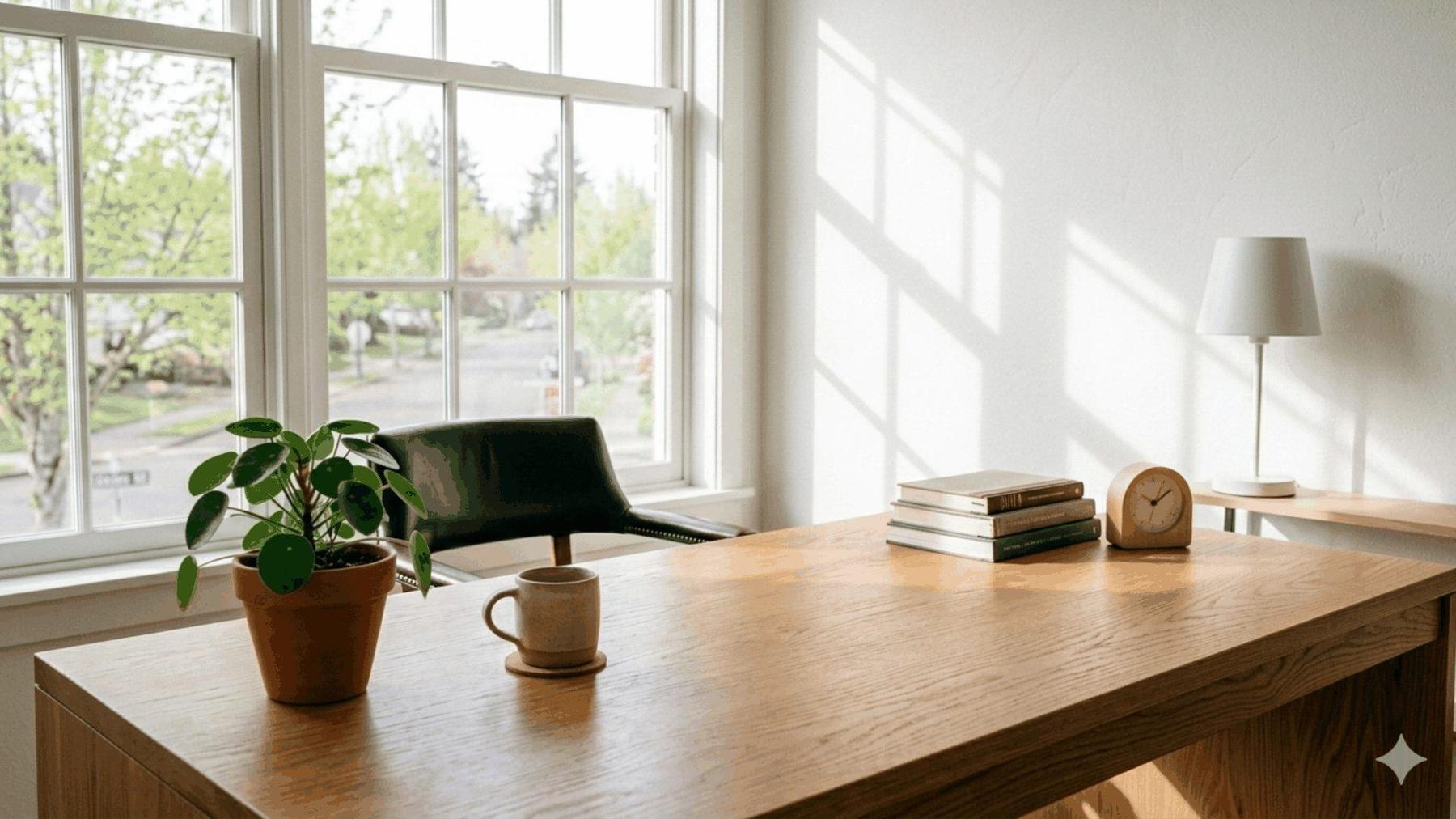 Sunlit desk with warm natural light